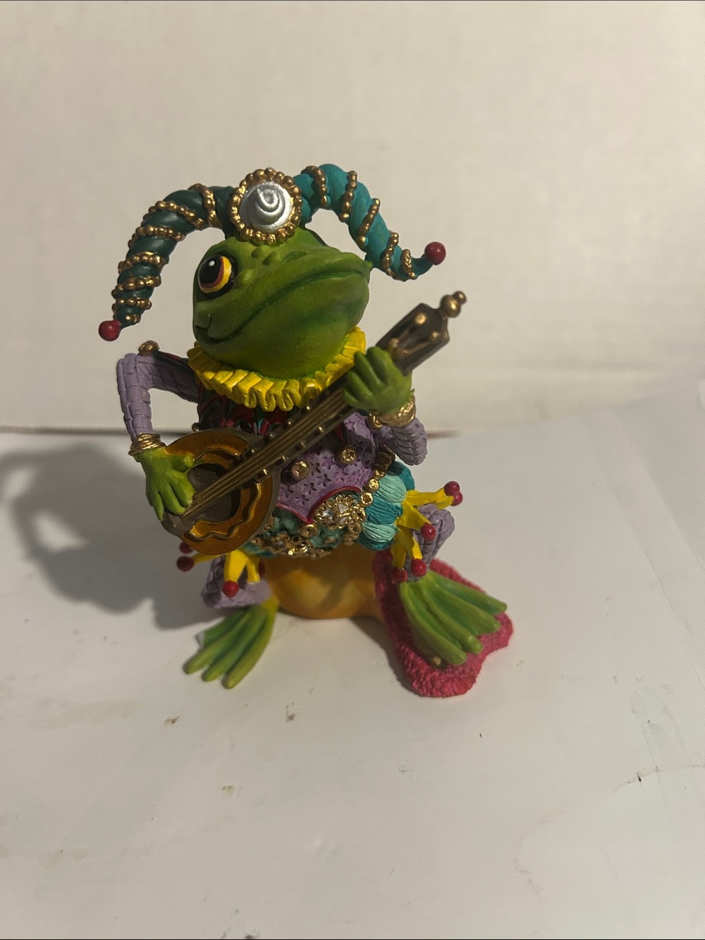 Colorful Green Frog Musician Figurine with Jewel-Accented Costume
